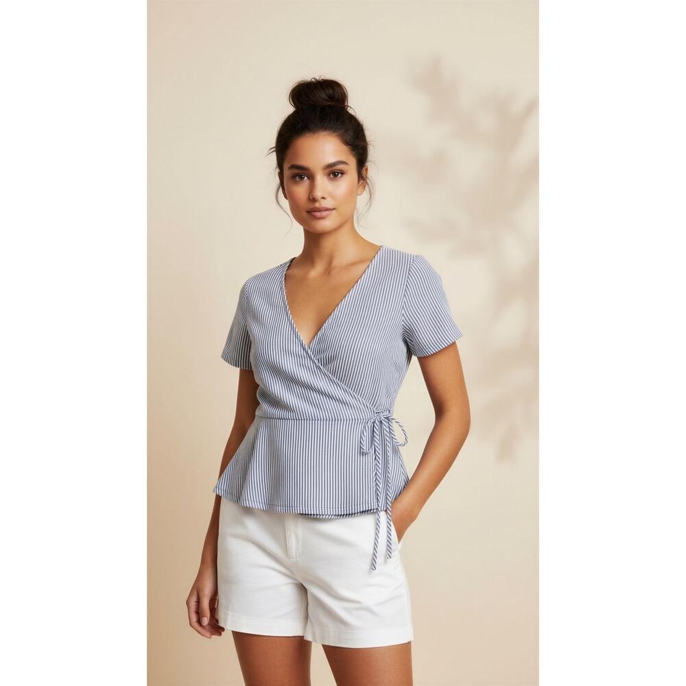Caution To The Wind Blouse Womens S Blue & White Striped Wrap Peplum Top